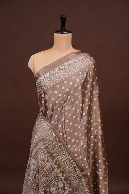 Pure Gajji Silk Bandhini Saree - Light Brown
