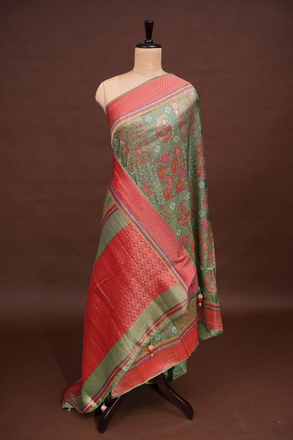 Kashmiri Pashmina Story Telling Saree - Sage Green