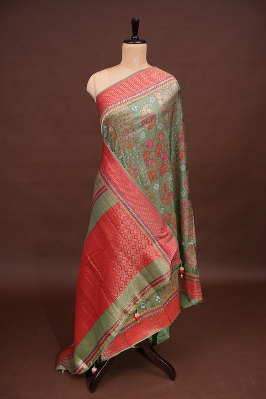 Kashmiri Pashmina Story Telling Saree - Sage Green