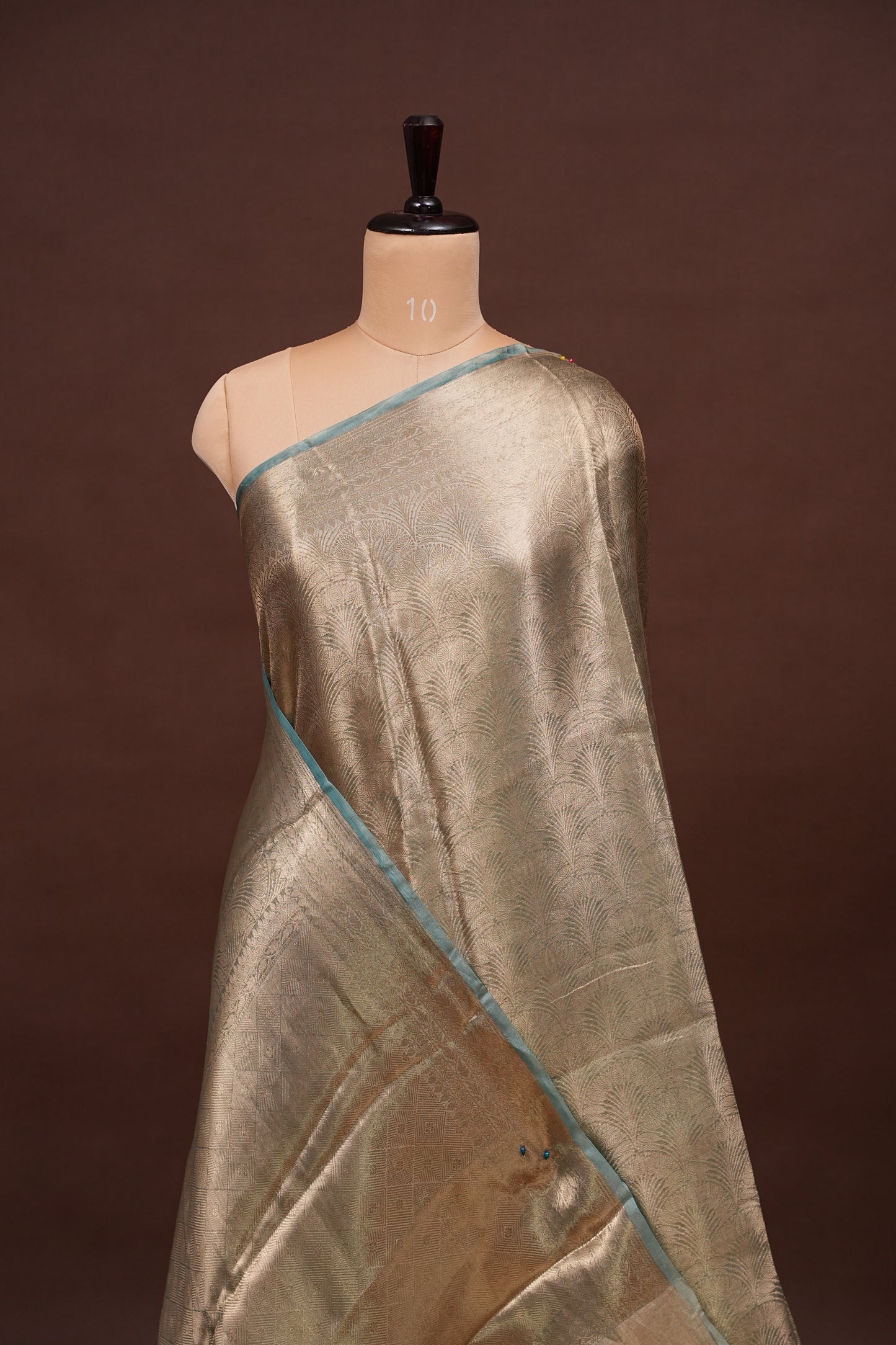 Pure Organza Tissue Banarasi Silk Saree – Antique Gold with Aqua Blue Border | Silk Mark Certified