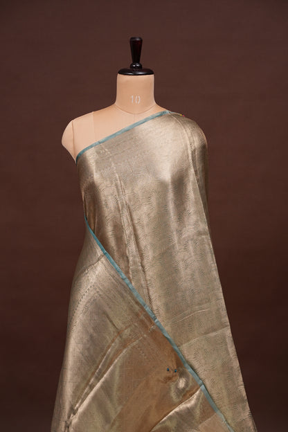 Pure Organza Tissue Banarasi Silk Saree – Antique Gold with Aqua Blue Border | Silk Mark Certified