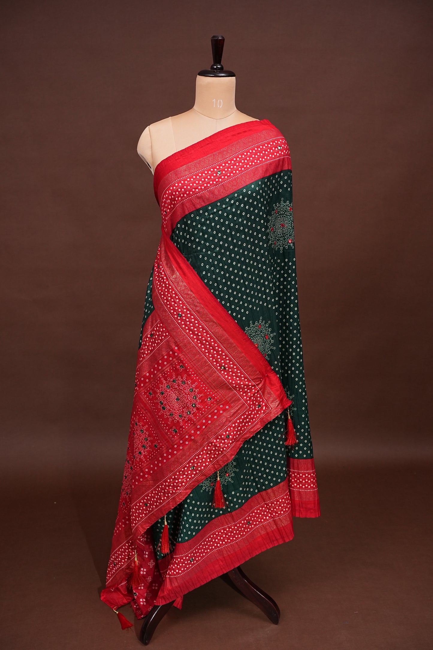 Bandhini Digital Print Semi Silk Saree - Bottle Green and Red