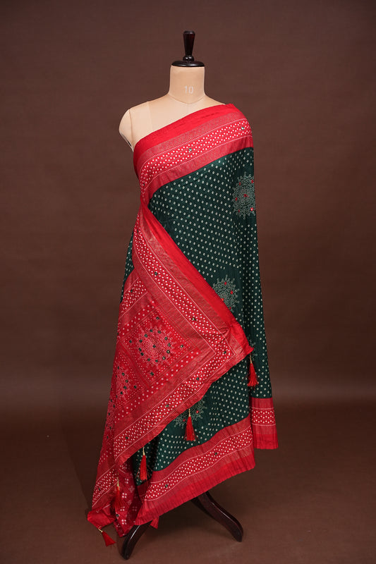 Bandhini Digital Print Semi Silk Saree - Bottle Green and Red
