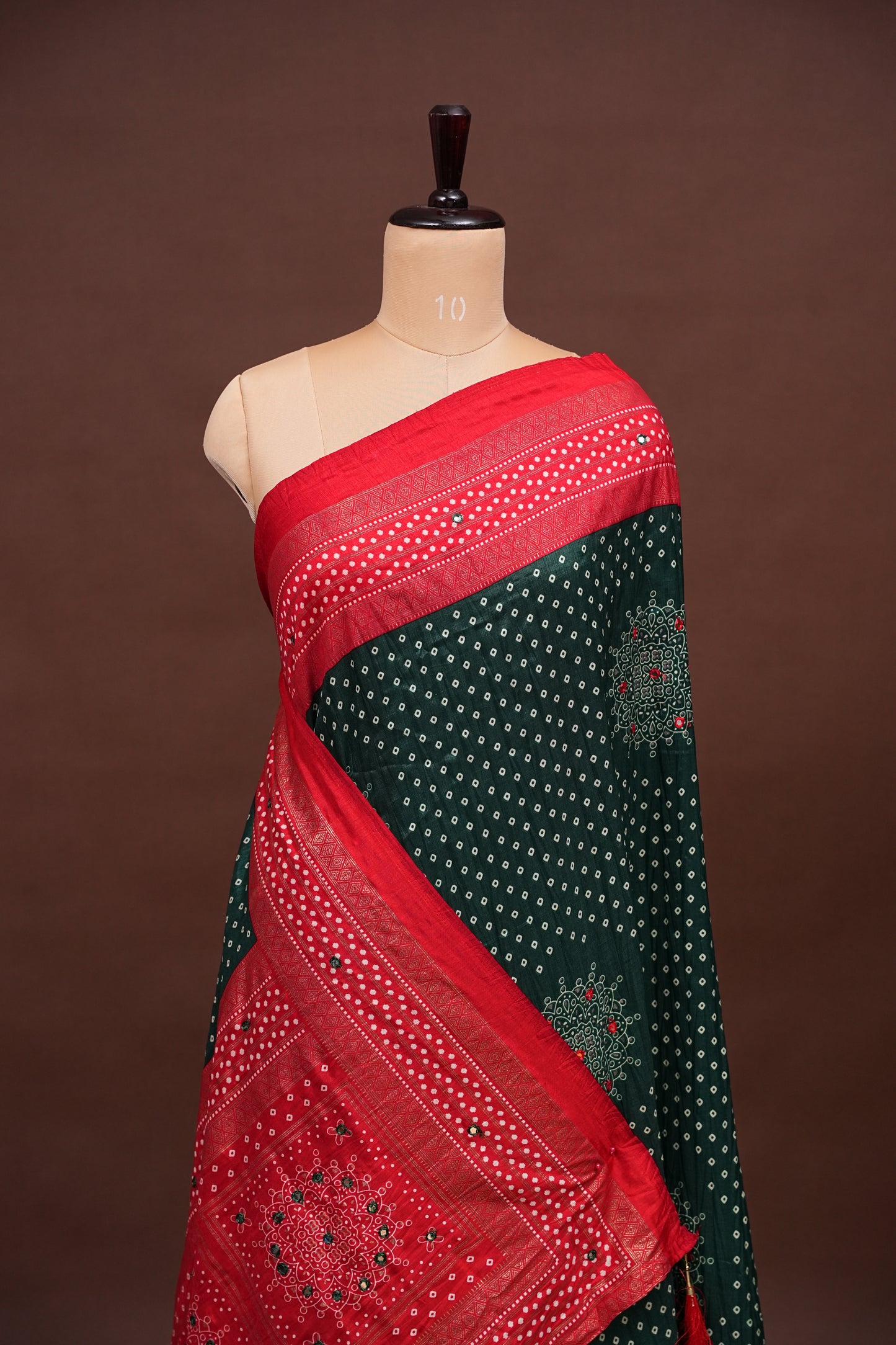 Bandhini Digital Print Semi Silk Saree - Bottle Green and Red