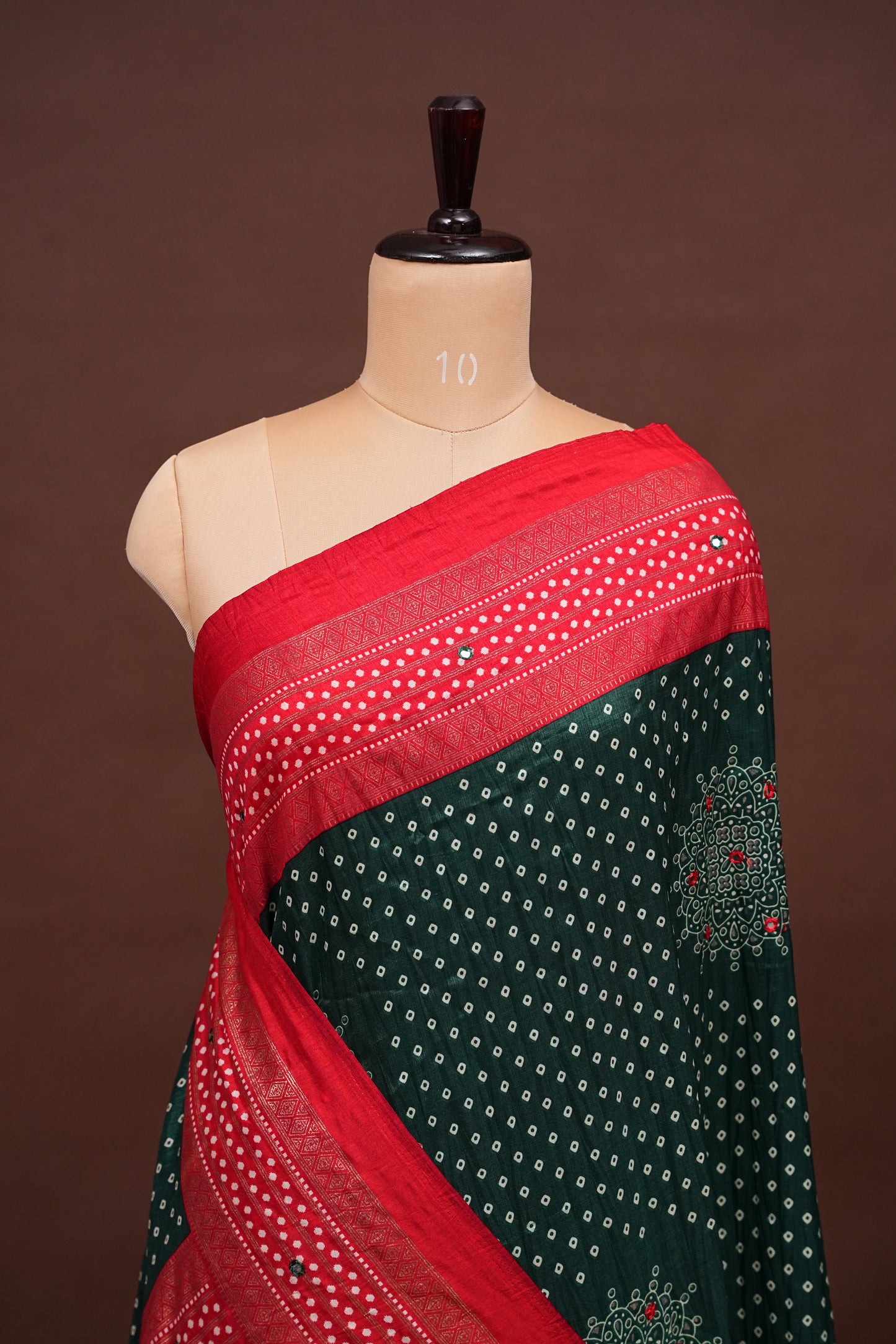 Bandhini Digital Print Semi Silk Saree - Bottle Green and Red