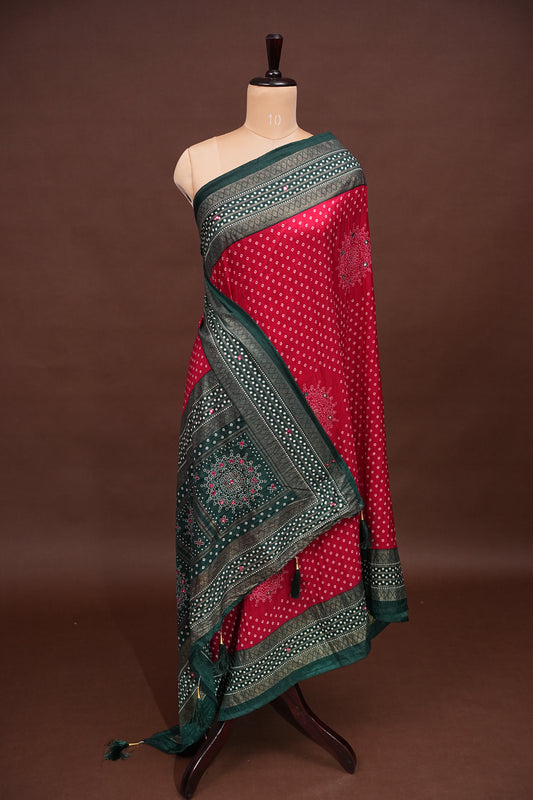 Bandhini Digital Print Semi Silk Saree - Red and Green