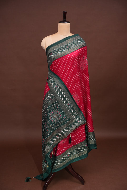Bandhini Digital Print Semi Silk Saree - Pink and Green