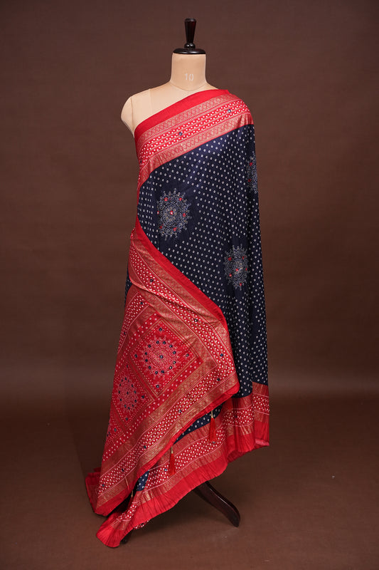 Bandhini Digital Print Semi Silk Saree - Blue and Red
