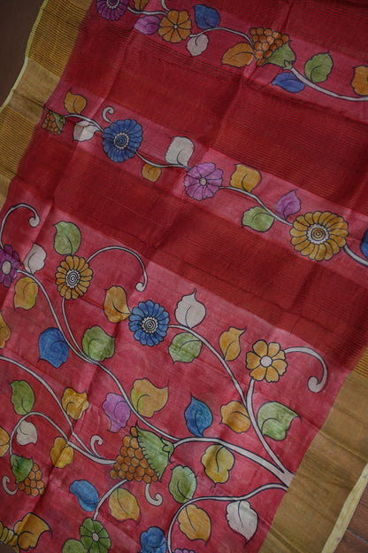Pure Tussar Silk Saree in Rose Pink with Hand Painted Floral Art | Silk Mark Certified