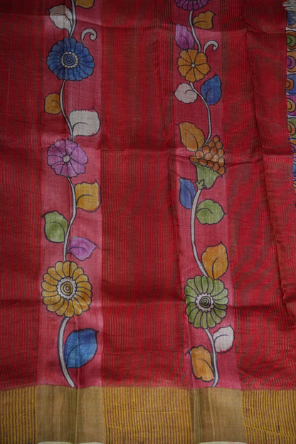 Pure Tussar Silk Saree in Rose Pink with Hand Painted Floral Art | Silk Mark Certified