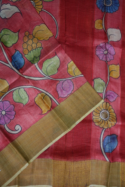 Pure Tussar Silk Saree in Rose Pink with Hand Painted Floral Art | Silk Mark Certified