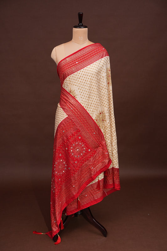 Bandhini Digital Print Semi Silk Saree – White & Red