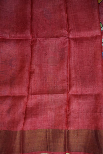 Pure Tussar Silk Saree in Rose Pink with Hand Painted Floral Art | Silk Mark Certified