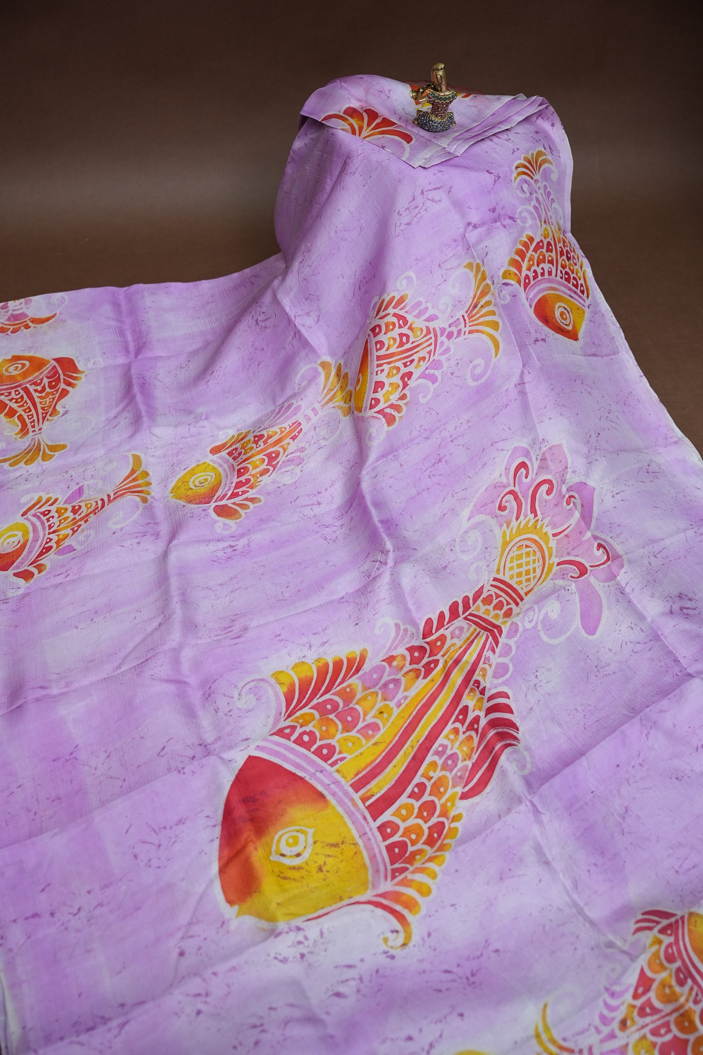 Pure Mulberry Silk Saree in Lavender with Artistic Fish Batik Print | Silk Mark Certified