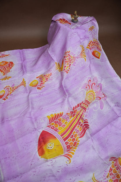 Pure Mulberry Silk Saree in Lavender with Artistic Fish Batik Print | Silk Mark Certified
