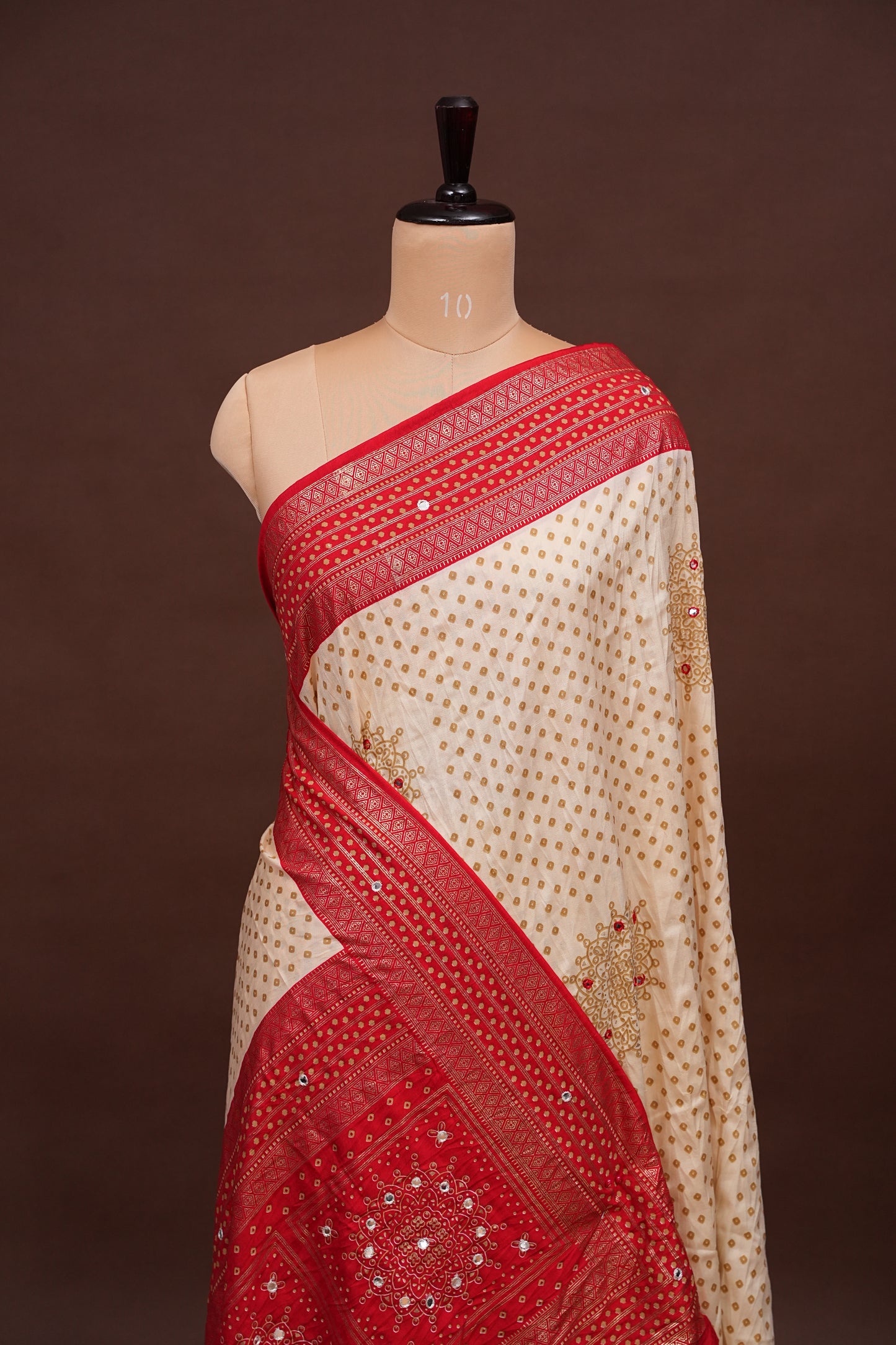 Bandhini Digital Print Semi Silk Saree – White & Red