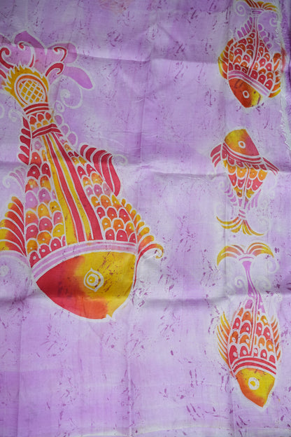 Pure Mulberry Silk Saree in Lavender with Artistic Fish Batik Print | Silk Mark Certified