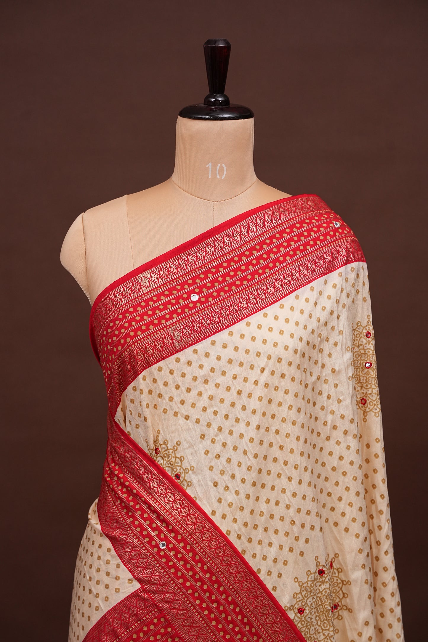 Bandhini Digital Print Semi Silk Saree – White & Red