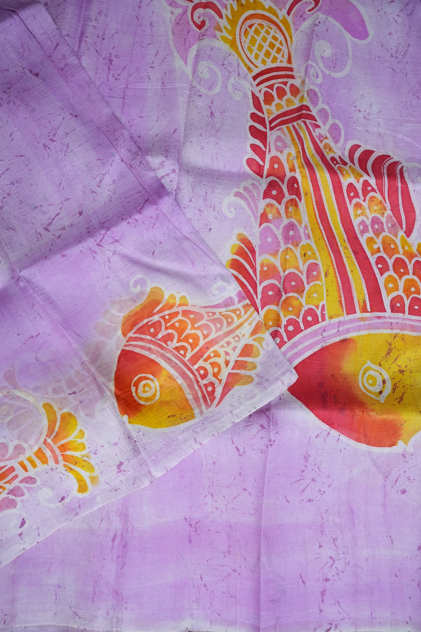 Pure Mulberry Silk Saree in Lavender with Artistic Fish Batik Print | Silk Mark Certified