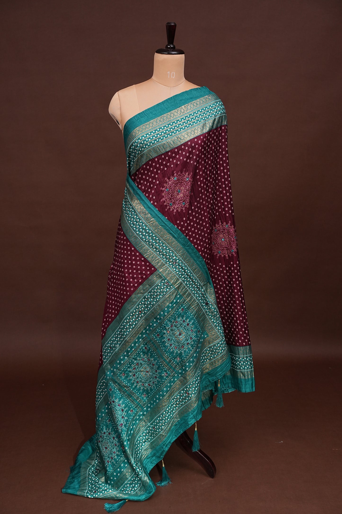 Bandhini Digital Print Semi Silk Saree - Wine and Turquoise Blue