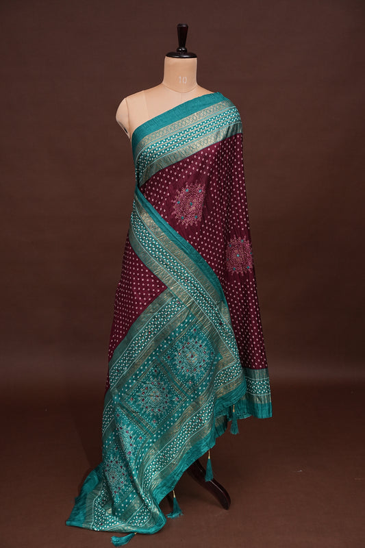 Bandhini Digital Print Semi Silk Saree - Wine and Turquoise Blue