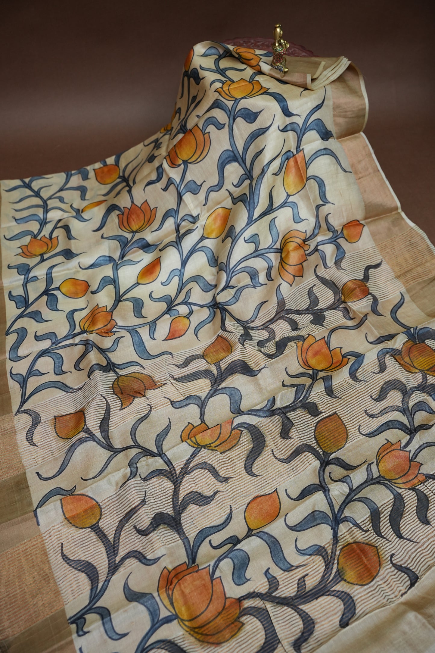 Pure Tussar Silk Saree in Ivory with Hand Painted Pichwai Lotus Art | Silk Mark Certified