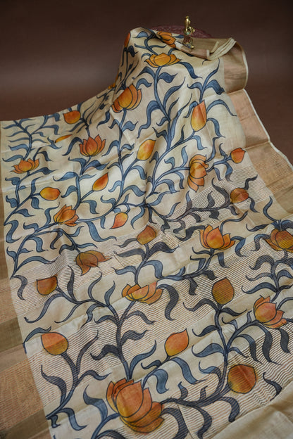 Pure Tussar Silk Saree in Ivory with Hand Painted Pichwai Lotus Art | Silk Mark Certified