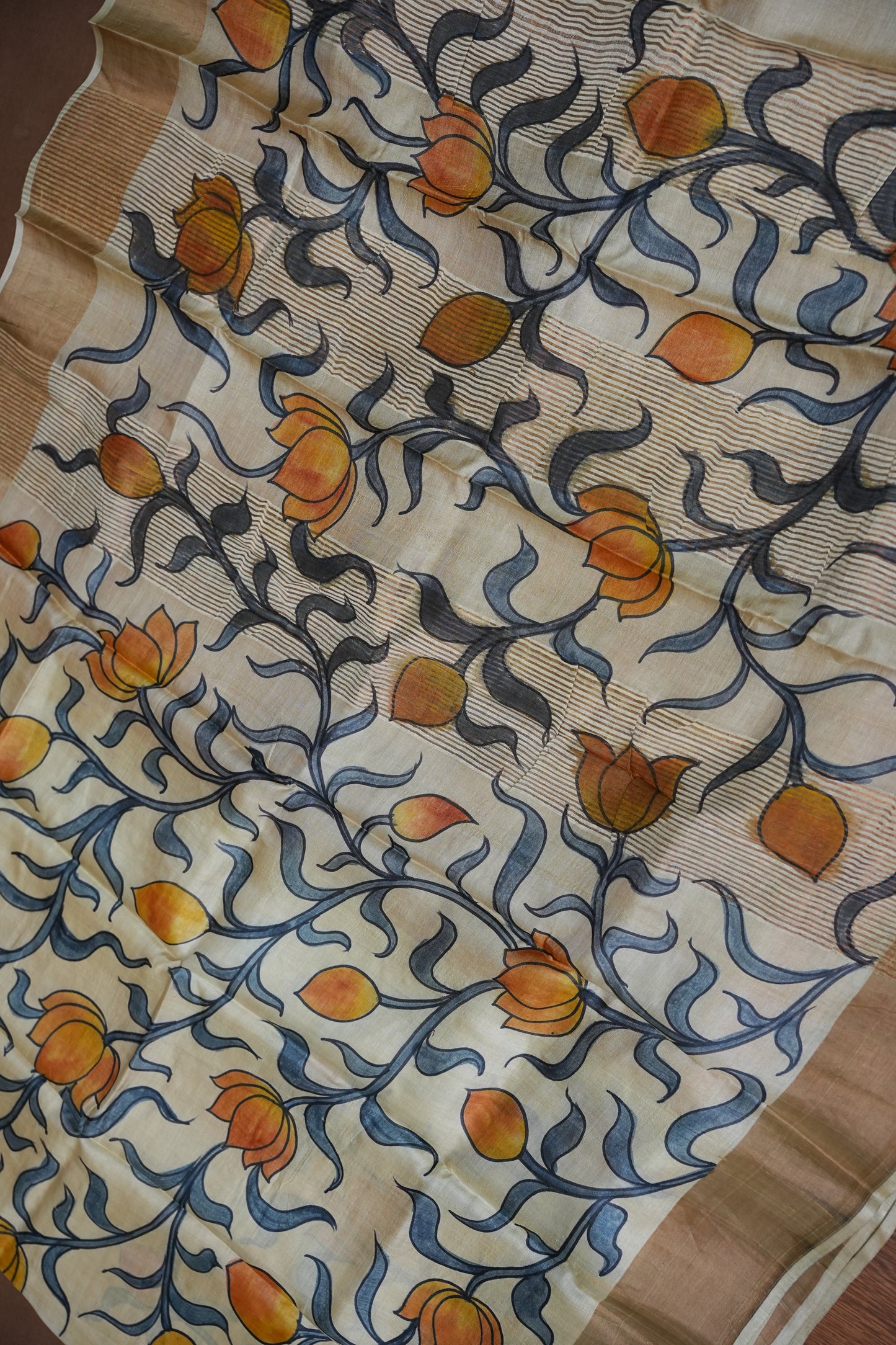 Pure Tussar Silk Saree in Ivory with Hand Painted Pichwai Lotus Art | Silk Mark Certified