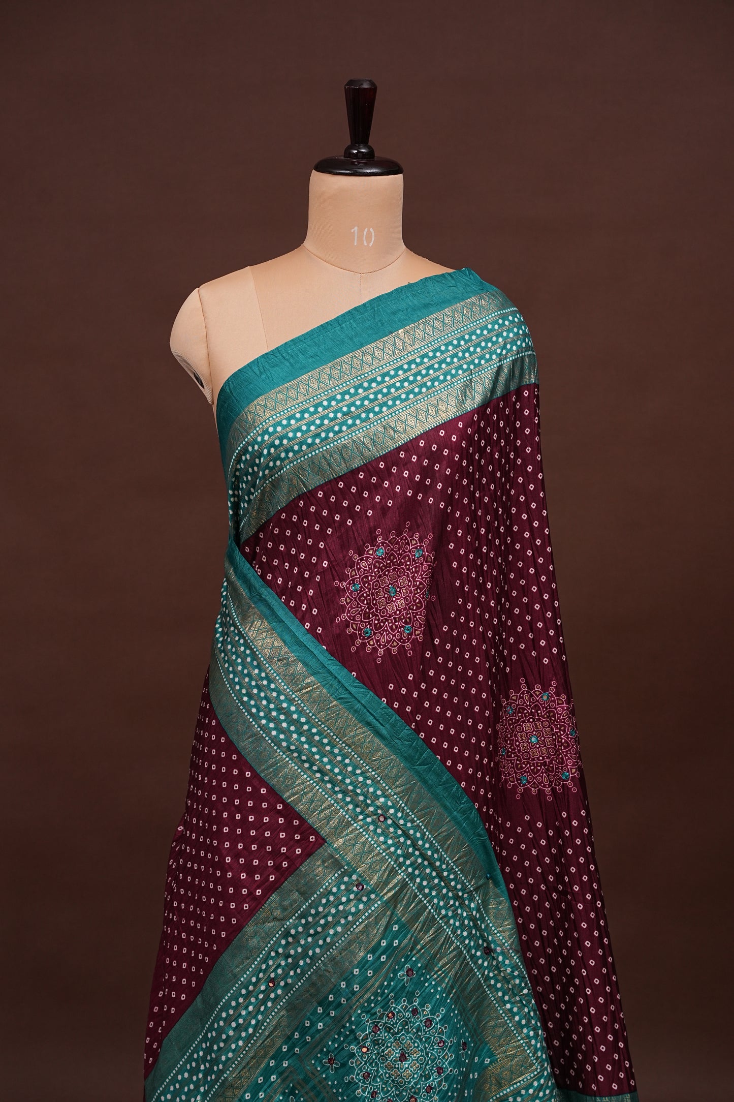 Bandhini Digital Print Semi Silk Saree - Wine and Turquoise Blue