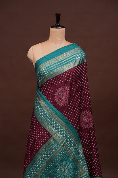 Bandhini Digital Print Semi Silk Saree - Wine and Turquoise Blue