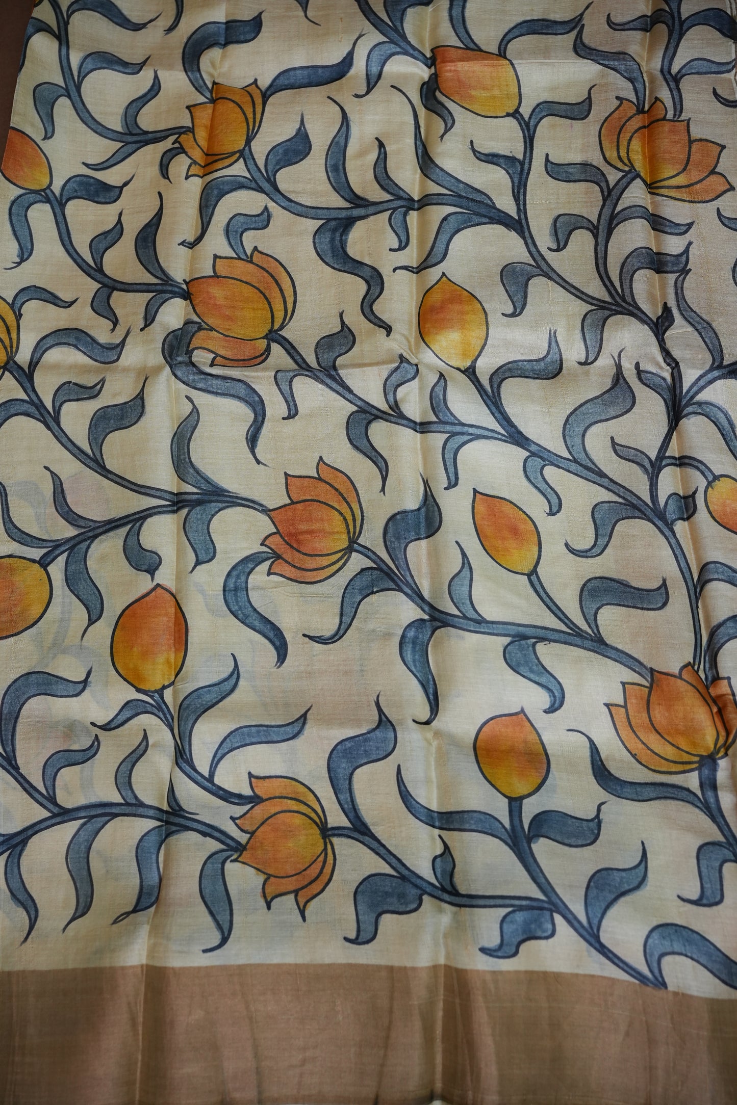 Pure Tussar Silk Saree in Ivory with Hand Painted Pichwai Lotus Art | Silk Mark Certified