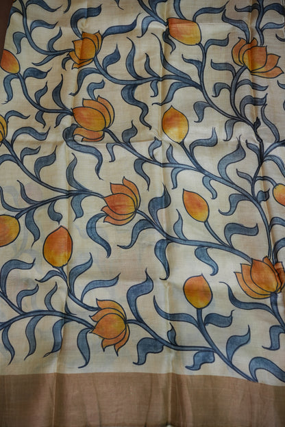 Pure Tussar Silk Saree in Ivory with Hand Painted Pichwai Lotus Art | Silk Mark Certified