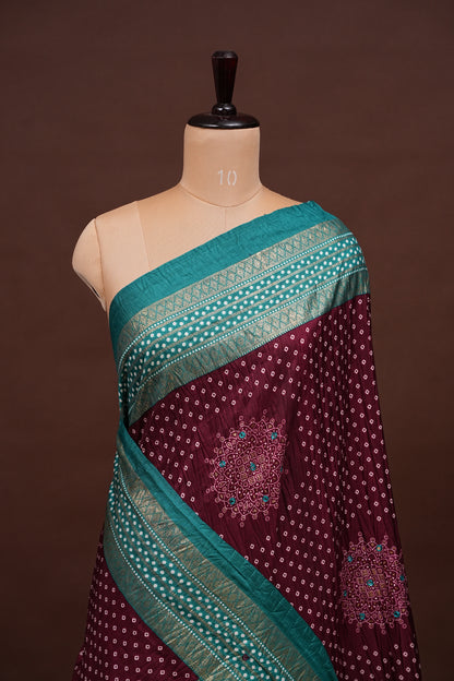 Bandhini Digital Print Semi Silk Saree - Wine and Turquoise Blue