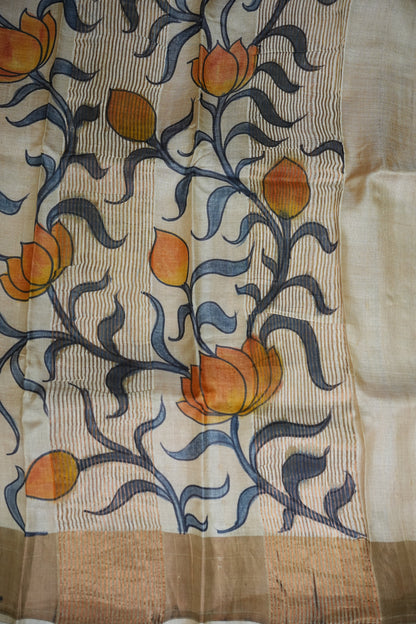 Pure Tussar Silk Saree in Ivory with Hand Painted Pichwai Lotus Art | Silk Mark Certified