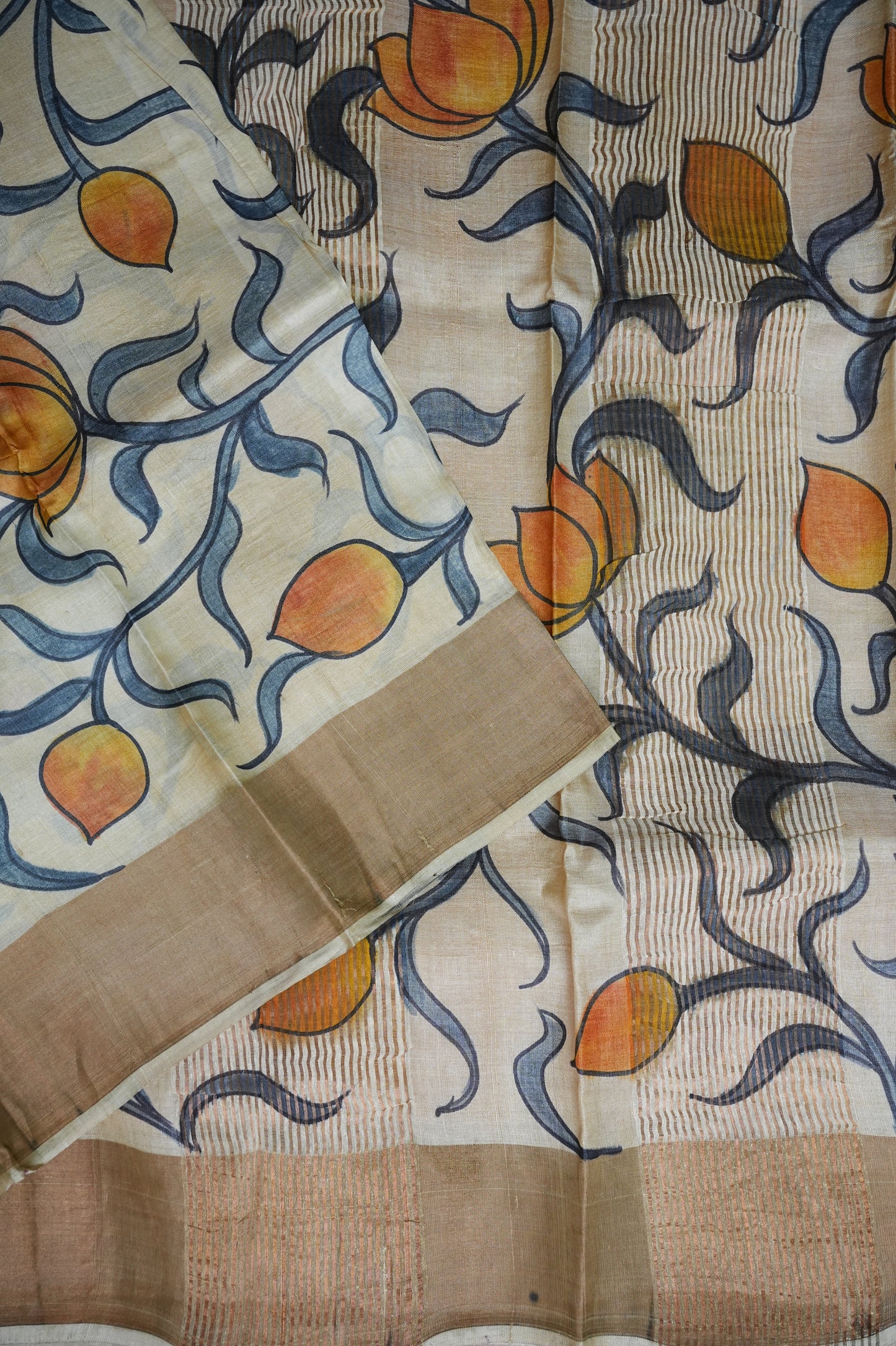 Pure Tussar Silk Saree in Ivory with Hand Painted Pichwai Lotus Art | Silk Mark Certified