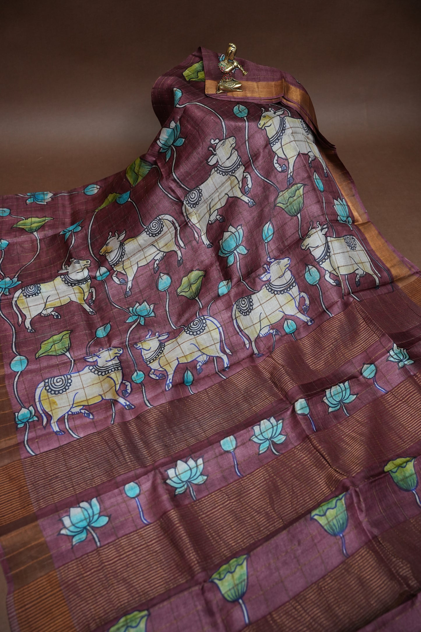 Pure Tussar Silk Saree in Chocolate Brown with Hand Painted Pichwai Art | Silk Mark Certified