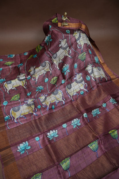 Pure Tussar Silk Saree in Chocolate Brown with Hand Painted Pichwai Art | Silk Mark Certified