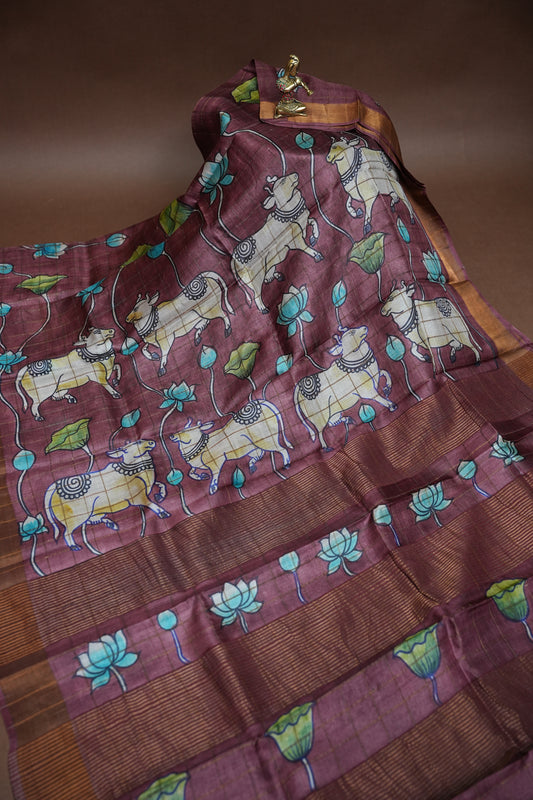 Pure Tussar Silk Saree in Chocolate Brown with Hand Painted Pichwai Art | Silk Mark Certified