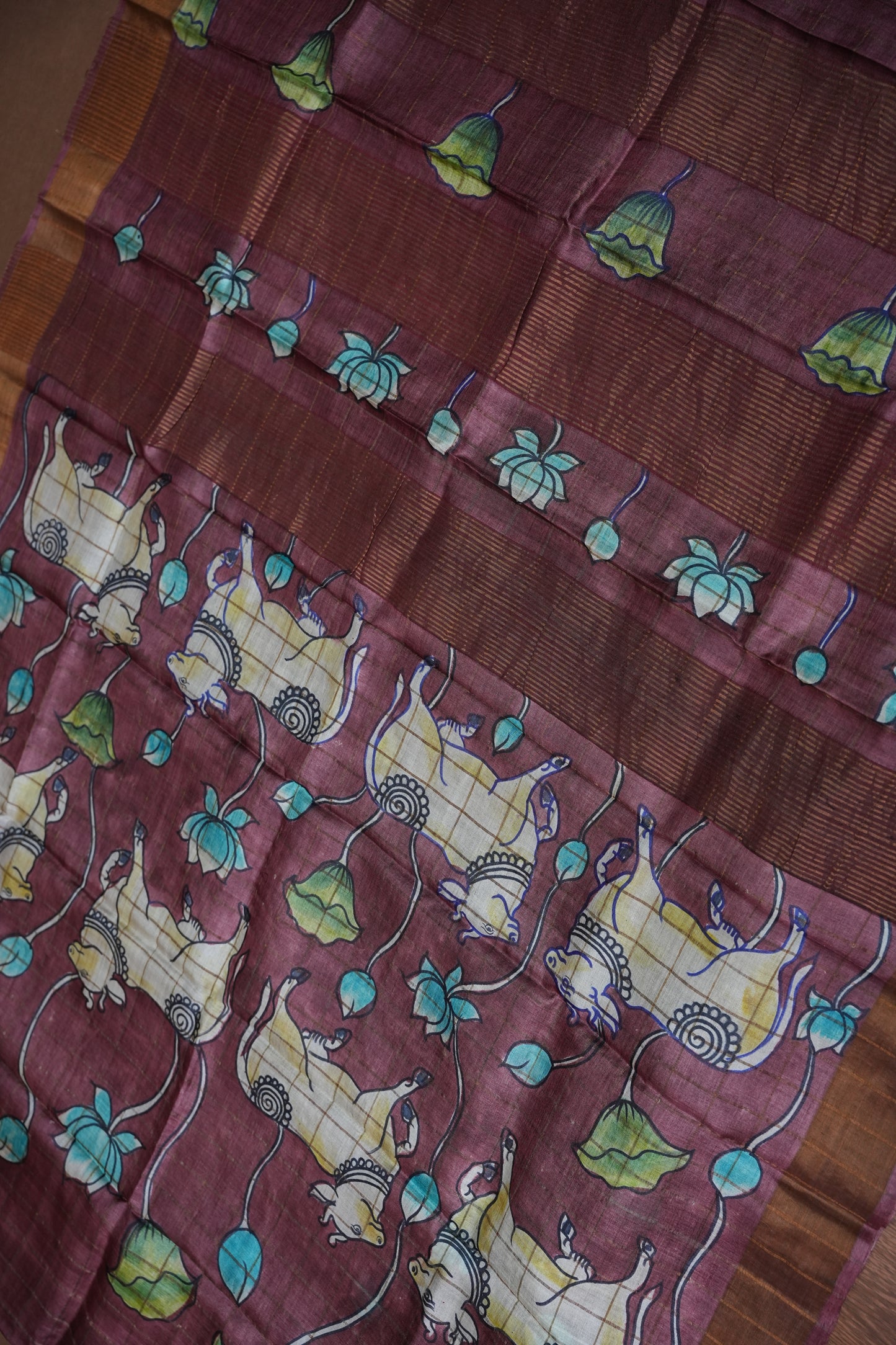 Pure Tussar Silk Saree in Chocolate Brown with Hand Painted Pichwai Art | Silk Mark Certified