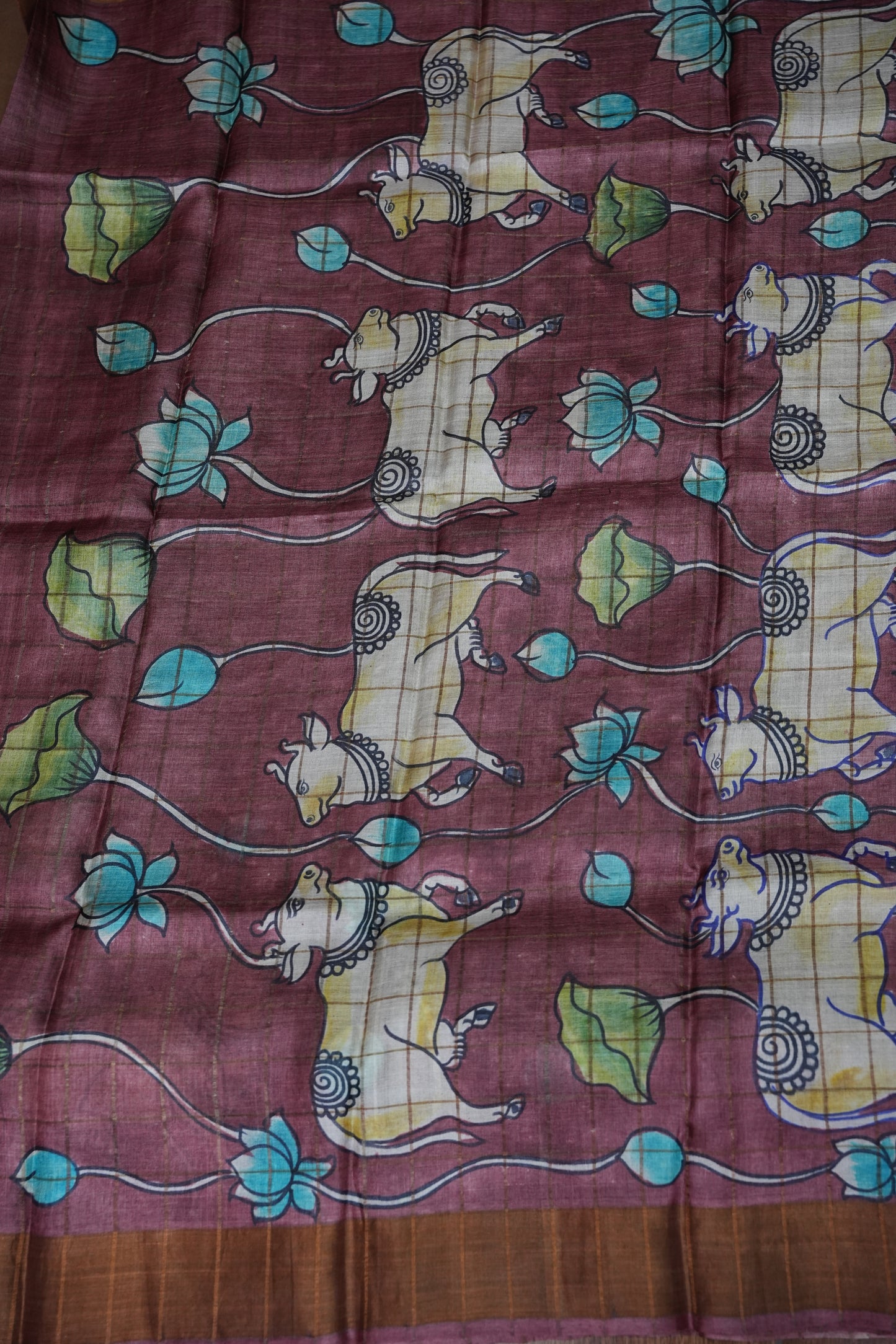 Pure Tussar Silk Saree in Chocolate Brown with Hand Painted Pichwai Art | Silk Mark Certified
