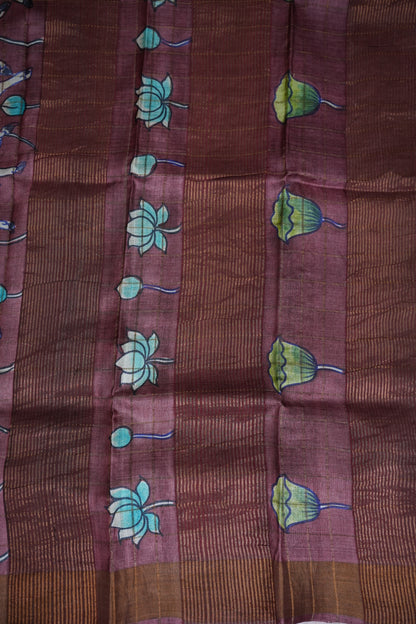 Pure Tussar Silk Saree in Chocolate Brown with Hand Painted Pichwai Art | Silk Mark Certified