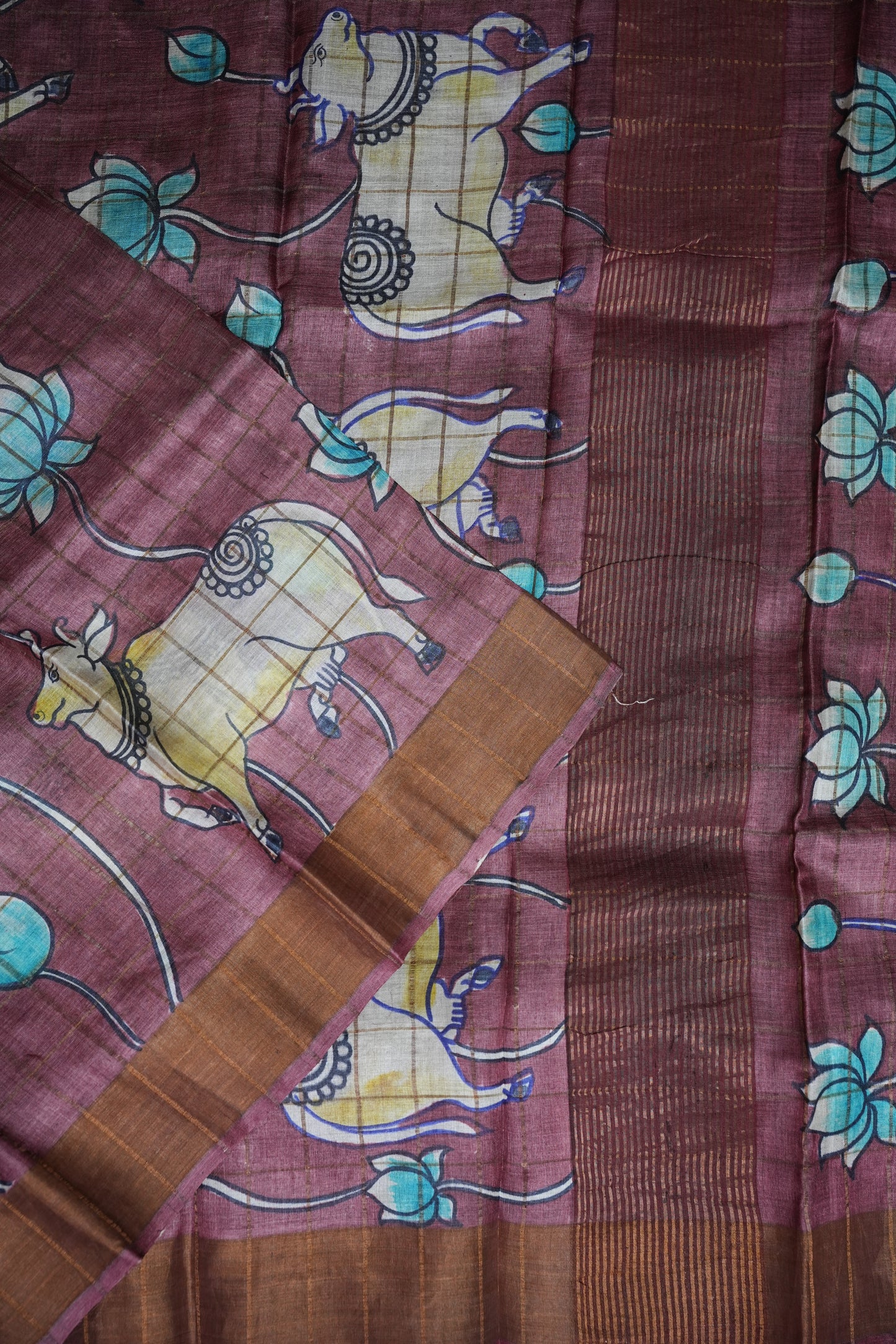 Pure Tussar Silk Saree in Chocolate Brown with Hand Painted Pichwai Art | Silk Mark Certified