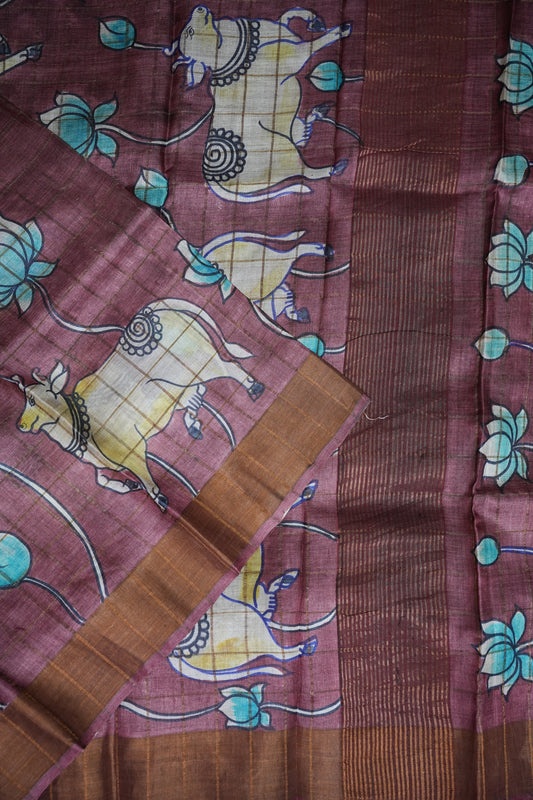 Pure Tussar Silk Saree in Chocolate Brown with Hand Painted Pichwai Art | Silk Mark Certified