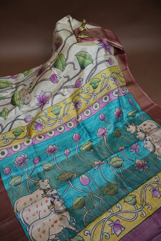 Pure Tussar Silk Saree in Ivory with Hand Painted Pichwai Cow & Lotus Art | Silk Mark Certified