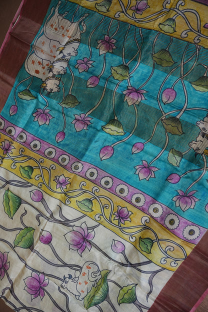 Pure Tussar Silk Saree in Ivory with Hand Painted Pichwai Cow & Lotus Art | Silk Mark Certified