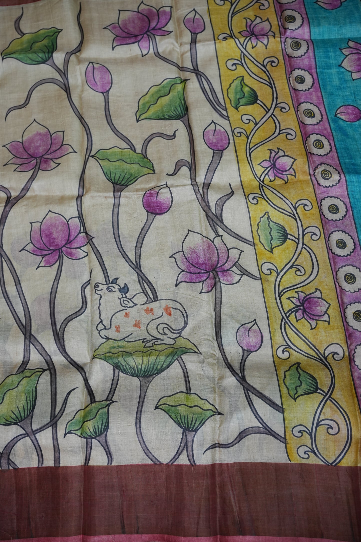 Pure Tussar Silk Saree in Ivory with Hand Painted Pichwai Cow & Lotus Art | Silk Mark Certified