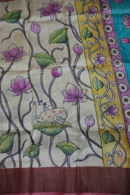 Pure Tussar Silk Saree in Ivory with Hand Painted Pichwai Cow & Lotus Art | Silk Mark Certified