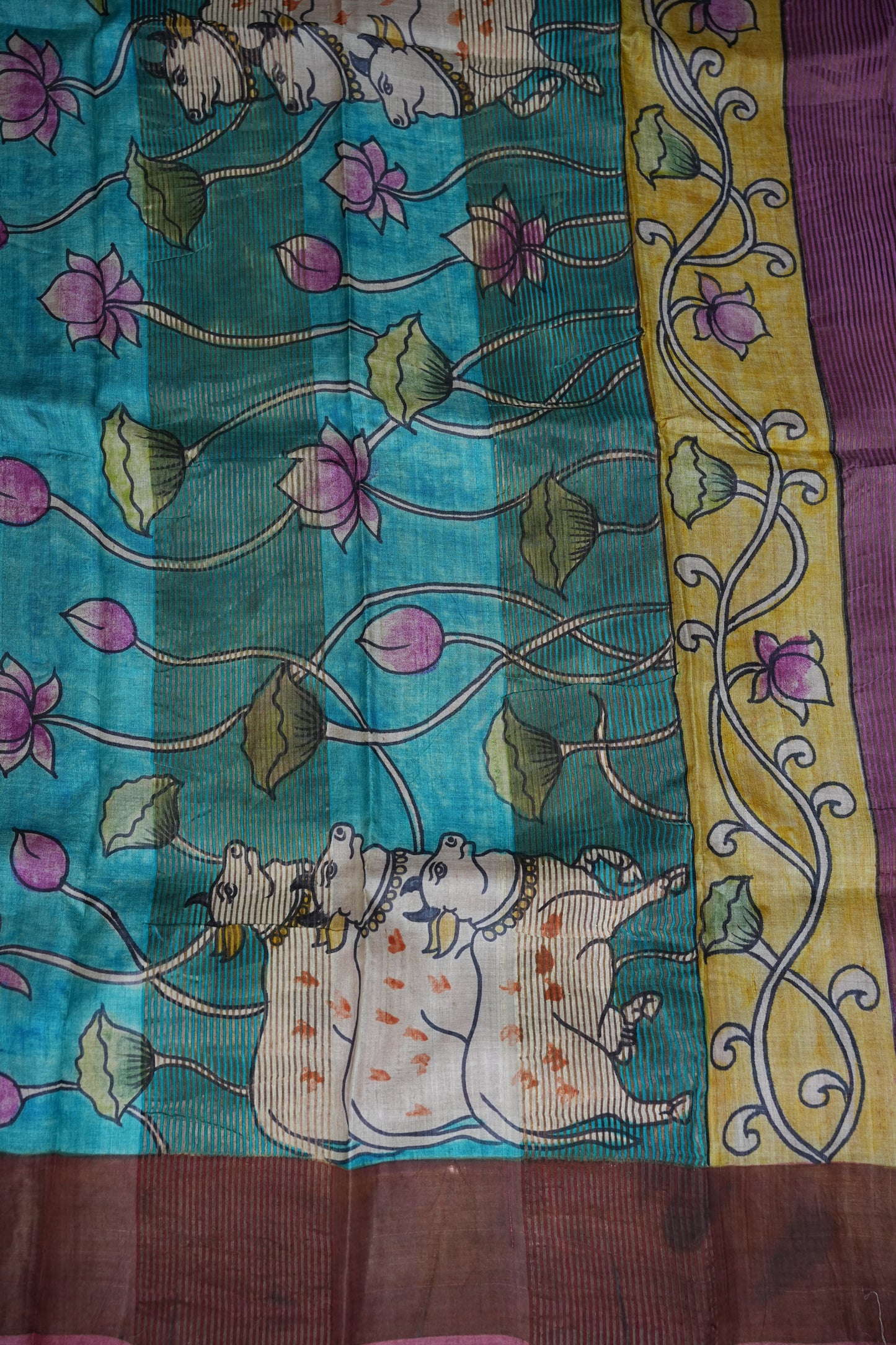 Pure Tussar Silk Saree in Ivory with Hand Painted Pichwai Cow & Lotus Art | Silk Mark Certified