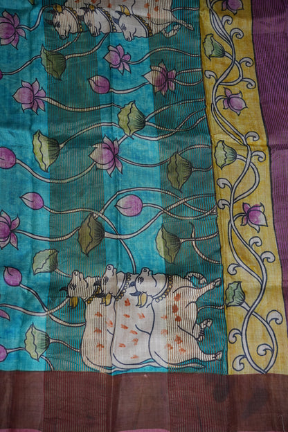 Pure Tussar Silk Saree in Ivory with Hand Painted Pichwai Cow & Lotus Art | Silk Mark Certified