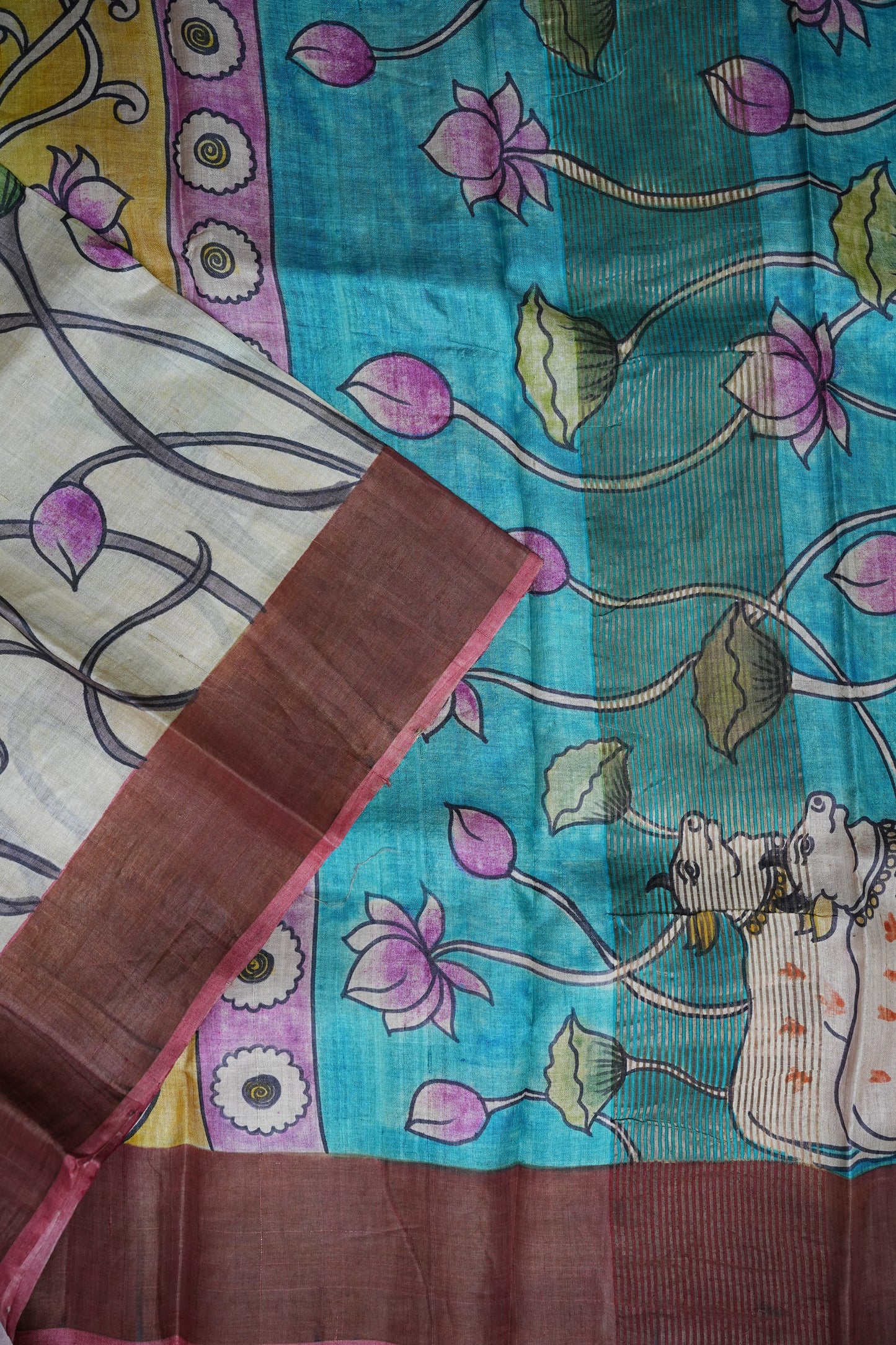 Pure Tussar Silk Saree in Ivory with Hand Painted Pichwai Cow & Lotus Art | Silk Mark Certified